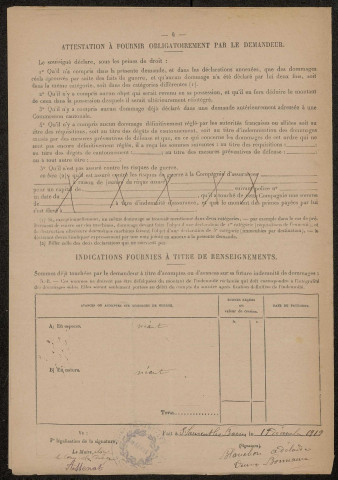 Ham. Demande d'indemnisation des dommages de guerre : dossier Blanchon-Bonnaure