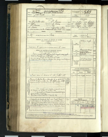 Decormeille, Jules Ernest, né le 26 juillet 1861 à Saint-Romain, hameau de a commune de Lahaye-Saint-Romain (Somme, France), classe 1881, matricule n° 285, Bureau de recrutement d'Amiens