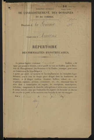 Répertoire des formalités hypothécaires, du 21/08/1897 au 18/11/1897, volume 485 (Conservation des hypothèques d'Amiens)