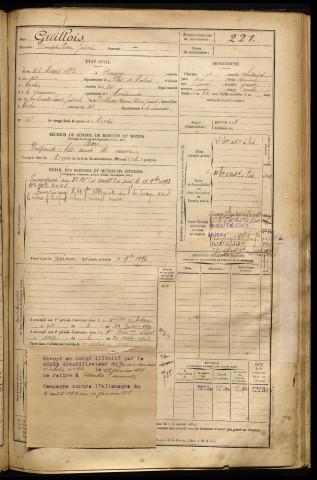 Guillois, Omulphe Pierre Joseph, né le 26 mars 1872 à Fruges (Pas-de-Calais), classe 1892, matricule n° 221, Bureau de recrutement d'Amiens