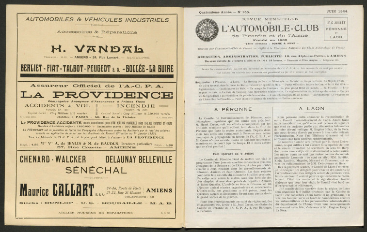Automobile-club de Picardie et de l'Aisne. Revue mensuelle, 155, juin 1924