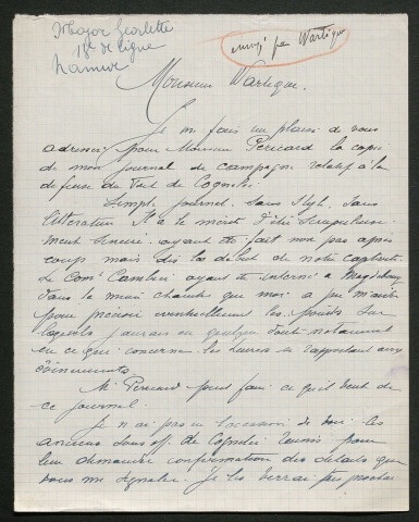 Témoignage de Georlette, Major (Lieutenant) et correspondance avec Jacques Péricard