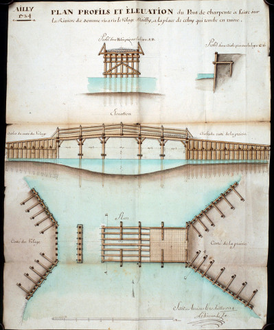 Plan profils et élévation du pont de charpente à faire sur la rivière de Somme vis à vis le vilage d'Ailly à la place de celuy qui tombe en ruine