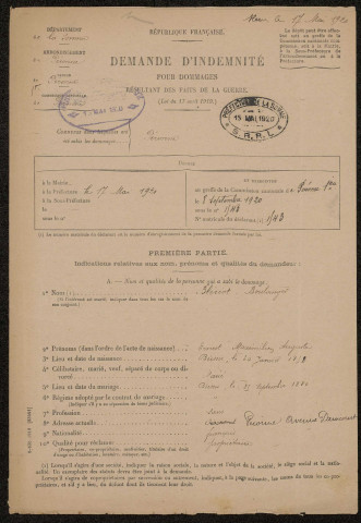 Péronne. Demande d'indemnisation des dommages de guerre : dossier Blériot