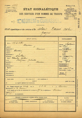 Damé, Arthur Georges, né le 17 avril 1896 à Amiens (Somme), classe 1916, matricule n° 638, Bureau de recrutement d'Amiens