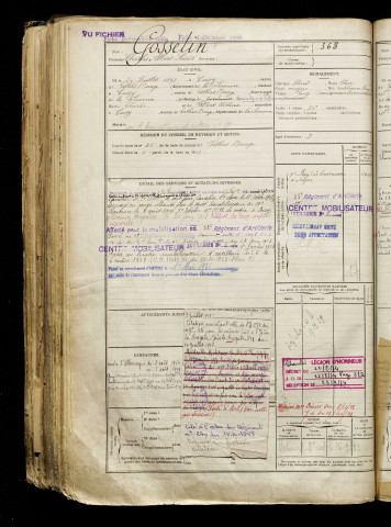 Gosselin, Charles Albert Louis, né le 20 juillet 1893 à Coisy (Somme), classe 1913, matricule n° 368, Bureau de recrutement d'Amiens