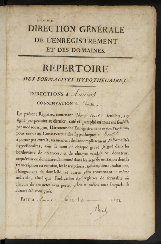 Répertoire des formalités hypothécaires, du 01/04/1835 au 14/04/1836, volume n° 58 (Conservation des hypothèques de Doullens)