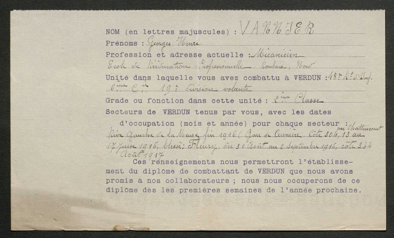 Témoignage de Vannier, Georges Henri et correspondance avec Jacques Péricard