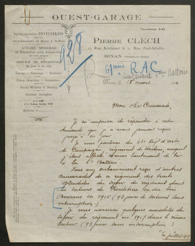 Témoignage de Clech, Pierre (Lieutenant) et correspondance avec Jacques Péricard