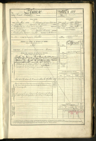 Clause, Louis Pascal, né le 16 mai 1861 à Hardécourt-aux-bois (Somme, France), classe 1881, matricule n° 665, Bureau de recrutement Péronne