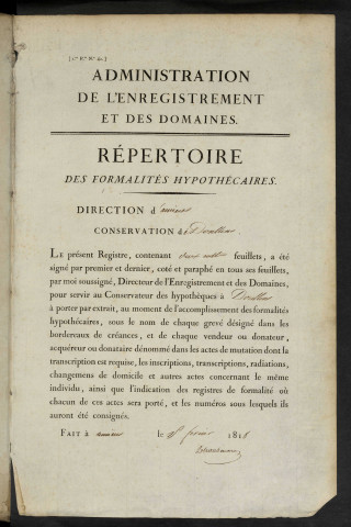 Répertoire des formalités hypothécaires, du 18/02/1821 au 26/11/1821, volume n° 42 (Conservation des hypothèques de Doullens)
