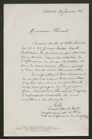 Témoignage de Gils (Colonel) et correspondance avec Jacques Péricard