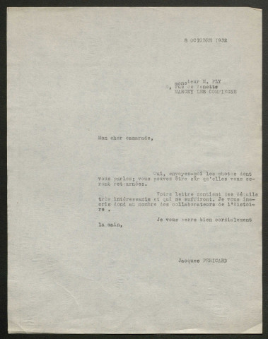 Témoignage de Ply, Marcel et correspondance avec Jacques Péricard