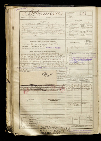 Debeauvais, Georges, né le 07 août 1901 à Amiens (Somme), classe 1921, matricule n° 383, Bureau de recrutement d'Amiens