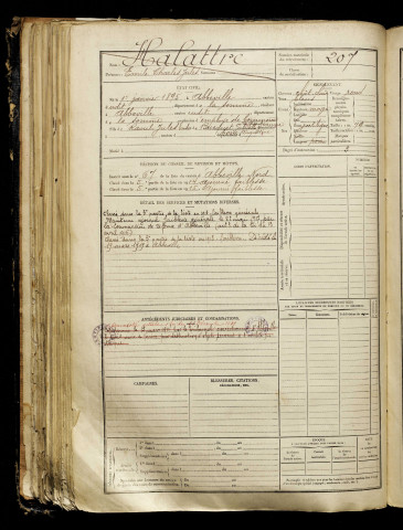 Halattre, Emile Charles Jules, né le 01 janvier 1895 à Abbeville (Somme), classe 1915, matricule n° 207, Bureau de recrutement d'Abbeville