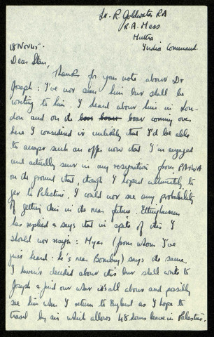 Lt R. Goldwater RA, RA Mess MUTTRA, India Command, 18 Nov. 45 : lettre de Raymond Goldwater à son frère Stan