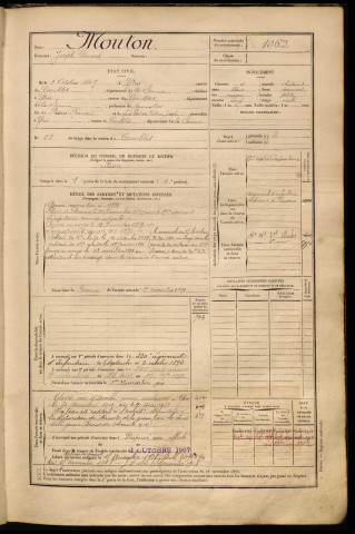 Mouton, Joseph Léonard, né le 03 octobre 1867 à Ytres (Somme), classe 1887, matricule n° 1062, Bureau de recrutement de Péronne