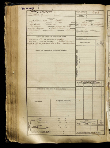 Linard, Albert Marceau, né le 04 février 1896 à Noyon (Oise), classe 1916, matricule n° 208, Bureau de recrutement de Péronne