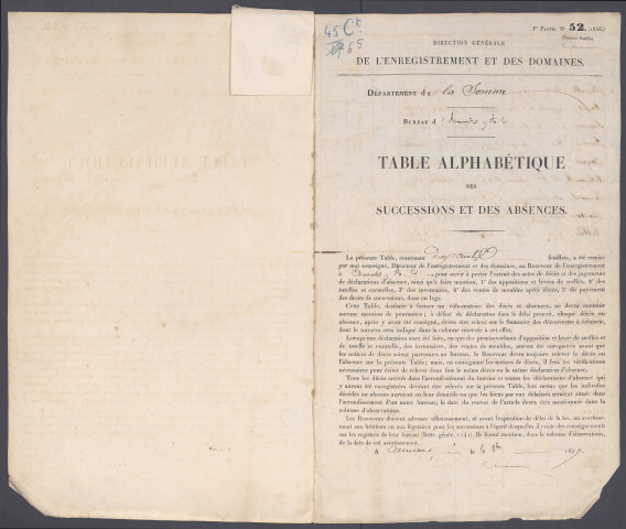 Table des successions et absences du bureau d'Amiens