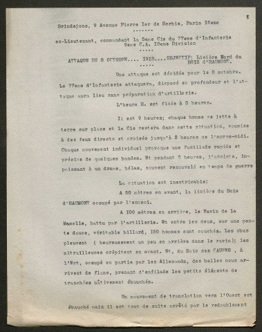 Témoignage de Brindejonc (Lieutenant) et correspondance avec Jacques Péricard