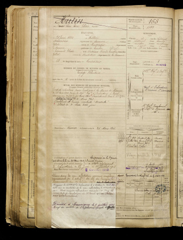 Hutin, Ernest Léon Pierre Elisée, né le 28 juin 1881 à Rollot (Somme), classe 1901, matricule n° 168, Bureau de recrutement de Péronne