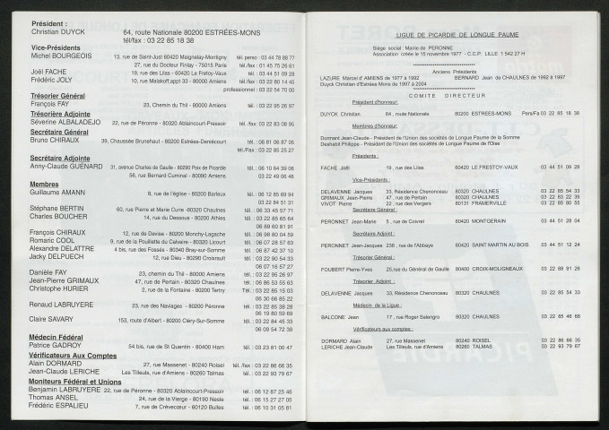 Opuscule (année 2005). Fédération française de Longue Paume : liste des sociétés, classement des joueurs et calendrier