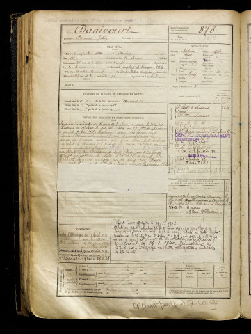 Danicourt, Fernand Julien, né le 06 novembre 1899 à Amiens (Somme), classe 1919, matricule n° 878, Bureau de recrutement d'Amiens