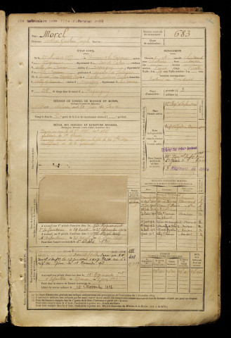 Morel, Arthur Guislain Joseph, né le 27 mars 1877 à Riencourt-lès-Bapaume (Pas-de-Calais), classe 1897, matricule n° 683, Bureau de recrutement d'Amiens
