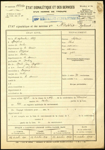 Messio, Bertrand, né le 15 septembre 1887 à Baizieux (Somme), classe 1907, matricule n° 285, Bureau de recrutement d'Amiens