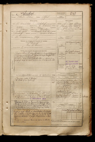 André, Albert Sidonie, né le 16 mars 1872 à Bidestroff (Moselle), classe 1892, matricule n° 247, Bureau de recrutement de Péronne