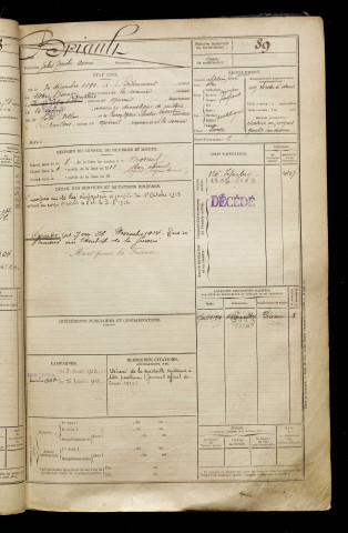 Briault, Jules Zénobe Aimé, né le 30 décembre 1892 à Béhencourt (Somme), classe 1912, matricule n° 89, Bureau de recrutement de Péronne