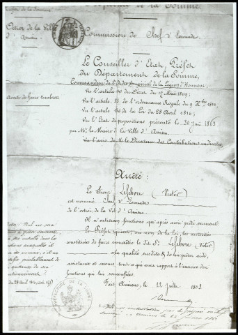 Arrêté de nomination du Sieur Victor Lefebvre comme Chef d'escouade de l'octroi de la ville d'Amiens (copie)
