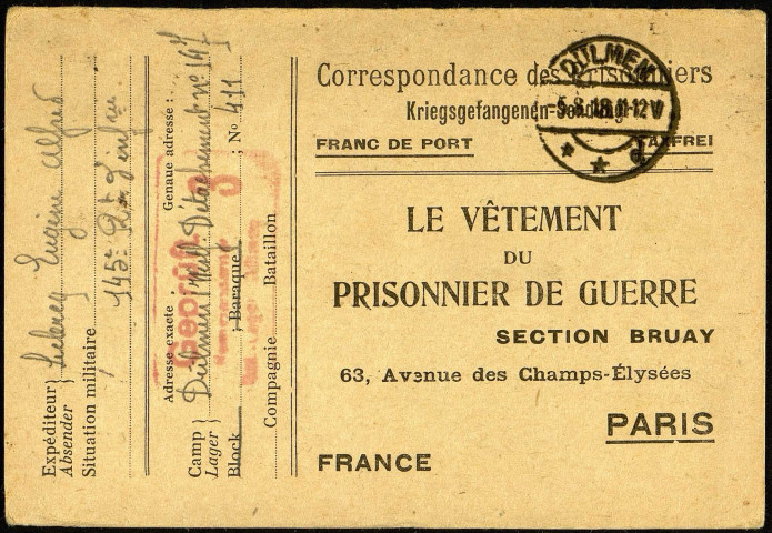 Cartes de correspondance du prisonnier "Le Vêtement du Prisonnier de Guerre section Bruay 63 avenue des Camps Elysées Paris"