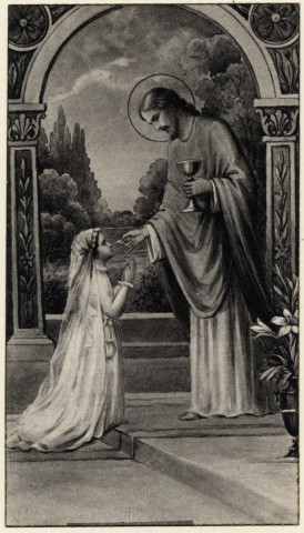 Le Christ donnant la communion à une jeune fille. Souvenir de communion solennelle de Paulette Lagache faite en l'église d'Autheux le 26 mai 1946