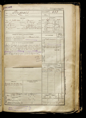 Dugrais, Armand Léon, né le 08 juillet 1900 à Amiens (Somme), classe 1920, matricule n° 453, Bureau de recrutement d'Amiens