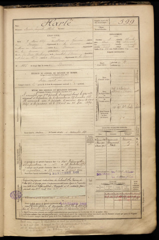 Harlé, Marie Auguste Albert, né le 09 mars 1867 à Estrées-Mons (Somme), classe 1887, matricule n° 599, Bureau de recrutement de Péronne