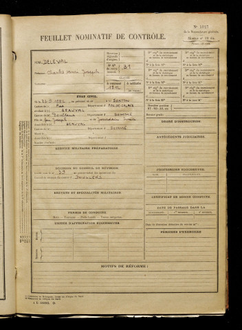 Deleval, Charles Henri Joseph, né le 23 septembre 1892 à Sarton (Pas-de-Calais), classe 1912, matricule n° 31, Bureau de recrutement d'Abbeville