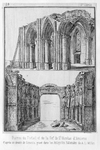 Ruines du Portail et de la Nef de St Nicolas d'Amiens d'après un dessin de Limozin, gravé dans les Antiquités Nationales de A.L. Millin