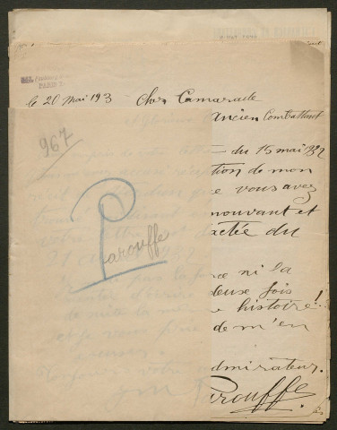Témoignage de Parouffe, Jean-Marie (Sergent) et correspondance avec Jacques Péricard