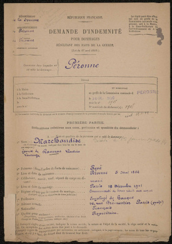 Péronne. Demande d'indemnisation des dommages de guerre : dossier Marchandise René