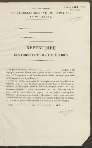 Répertoire des formalités hypothécaires, du 03/09/1883 au 26/03/1884, volume n° 145 (Conservation des hypothèques de Doullens)