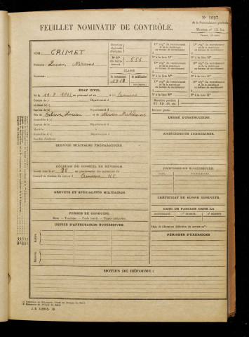 Crimet, Lucien Marius, né le 19 juillet 1893 à Amiens (Somme), classe 1913, matricule n° 556, Bureau de recrutement d'Amiens