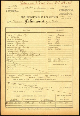 Deliencourt, Jules Arsène, né le 19 mars 1894 à Allonville (Somme), classe 1914, matricule n° 542, Bureau de recrutement d'Amiens