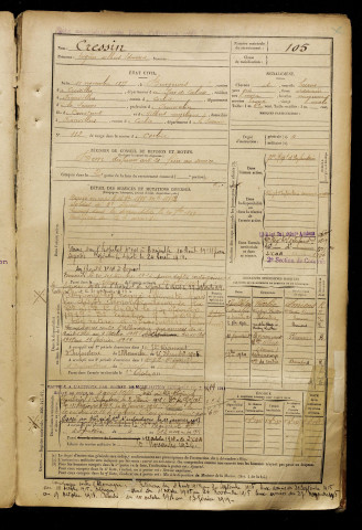 Cressin, Eugène Albert Edmond, né le 11 novembre 1877 à Bucquoy (Pas-de-Calais), classe 1897, matricule n° 105, Bureau de recrutement d'Amiens