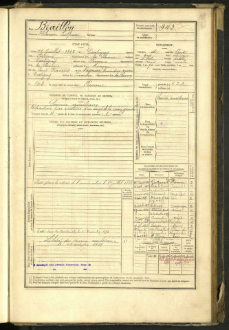 Braillon, Hialrion Vulfran, né le 11 juillet 1862 à Cartigny (Somme, France), classe 1882, matricule n° 943, Bureau de recrutement de Péronne