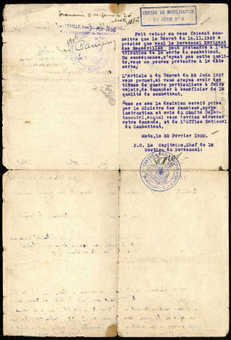 Correspondance de Lucien Braut relatif à l'obtention d'une carte de combattant