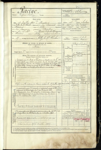 Racine, Eugène Julien, né le 18 juillet 1861 à Bussus-Bussuel (Somme, France), classe 1881, matricule n° 129, Bureau de recrutement d'Abbeville