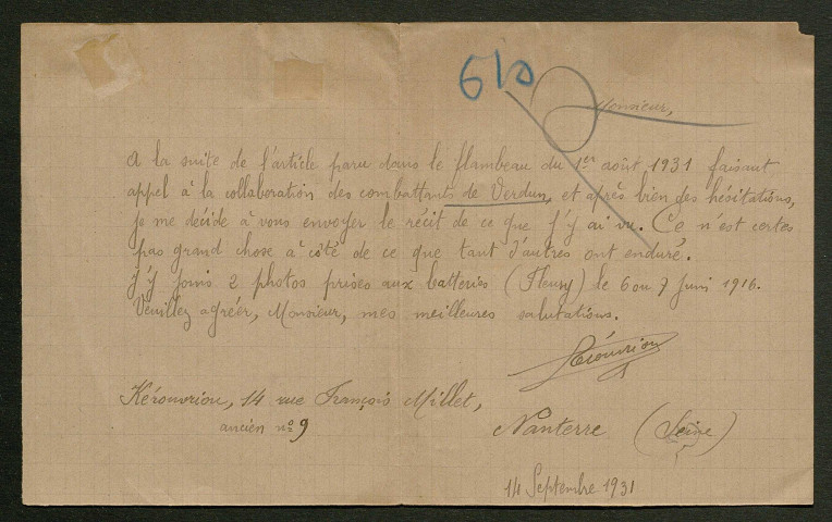 Témoignage de Kérouvriou, Pierre (Brigadier infirmier) et correspondance avec Jacques Péricard