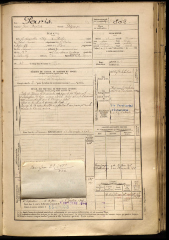 Paris, Jean Baptiste, né le 17 décembre 1869 à St Simon (Aisne), classe 1889, matricule n° 802, Bureau de recrutement de Péronne