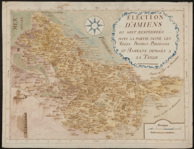 Election d'Amiens où sont renfermées dans la partie jaune, les villes, les bourgs, paroisses et hameaux, imposés à la taille